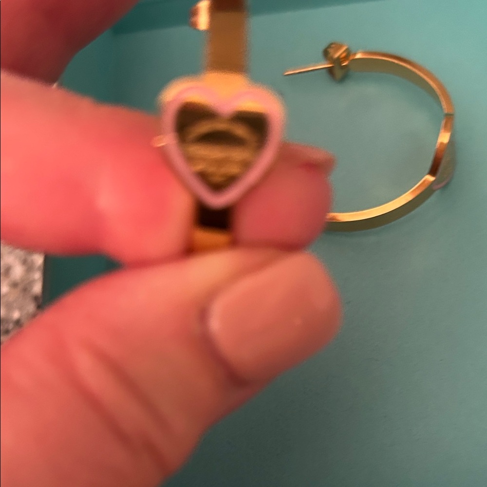 Tiffany & Co. Gold Heart Hoop Earrings with Pink Enamel Trim - Picture 4 of 4